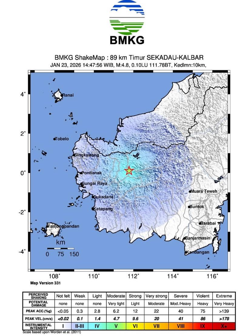 Gempa Magnitudo 4.8 Guncang Sekadau, Getaran Terasa hingga ke Sintang dan Melawi