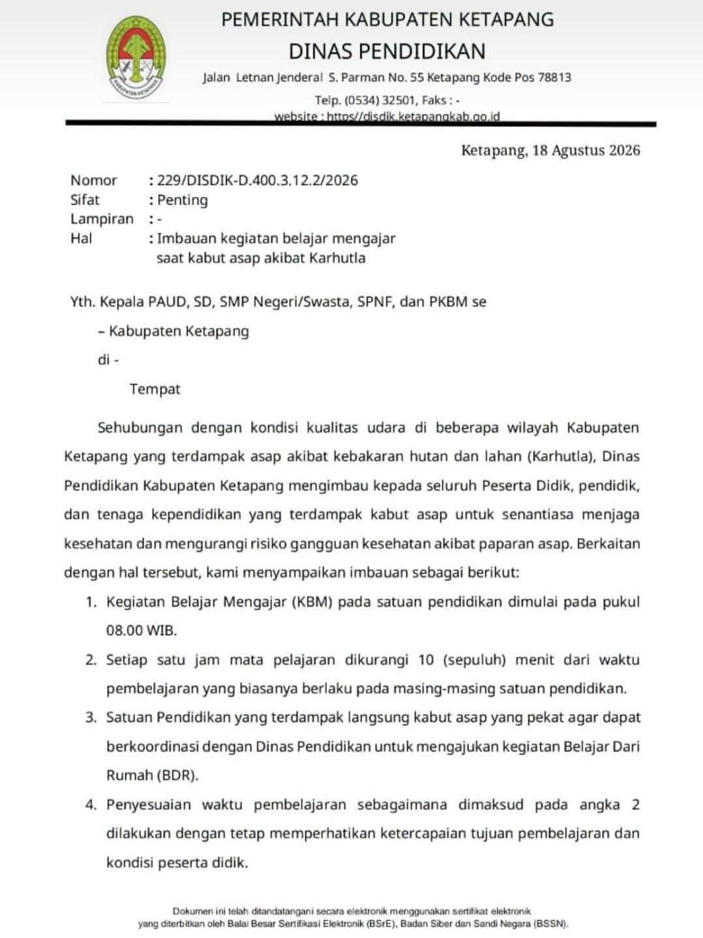 Kabut Asap Karhutla Kepung Ketapang, Dinas Pendidikan Ubah Jam Belajar dan Buka Opsi BDR